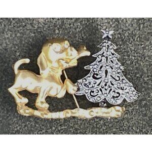 Gold Tone Dog and Silver Tone Christmas Tree Brooch Pin Rhinestones